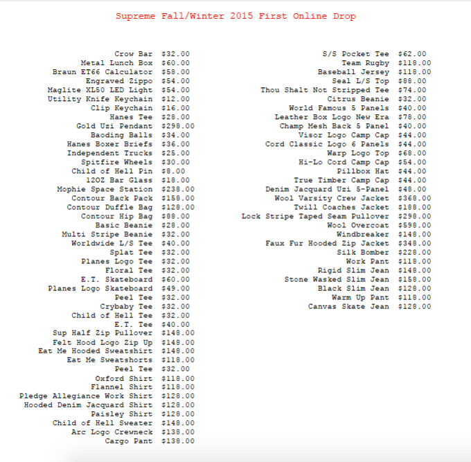 The Supreme Fall/Winter 2015 Collection Price List Complex